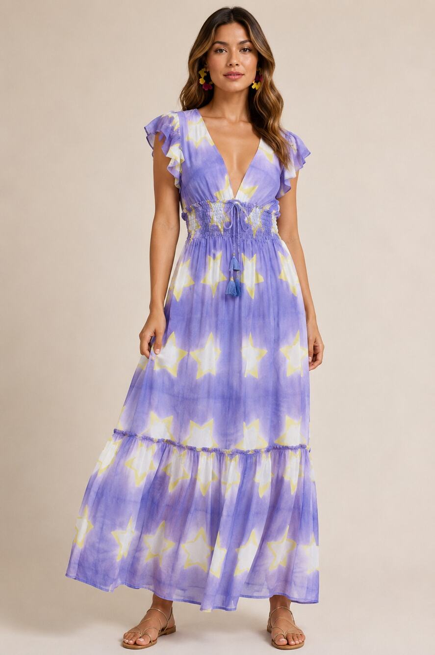 Oliphant Lucia Maxi Dress Womens XS Purple Tie Dye Smocked Waist Deep V Neck